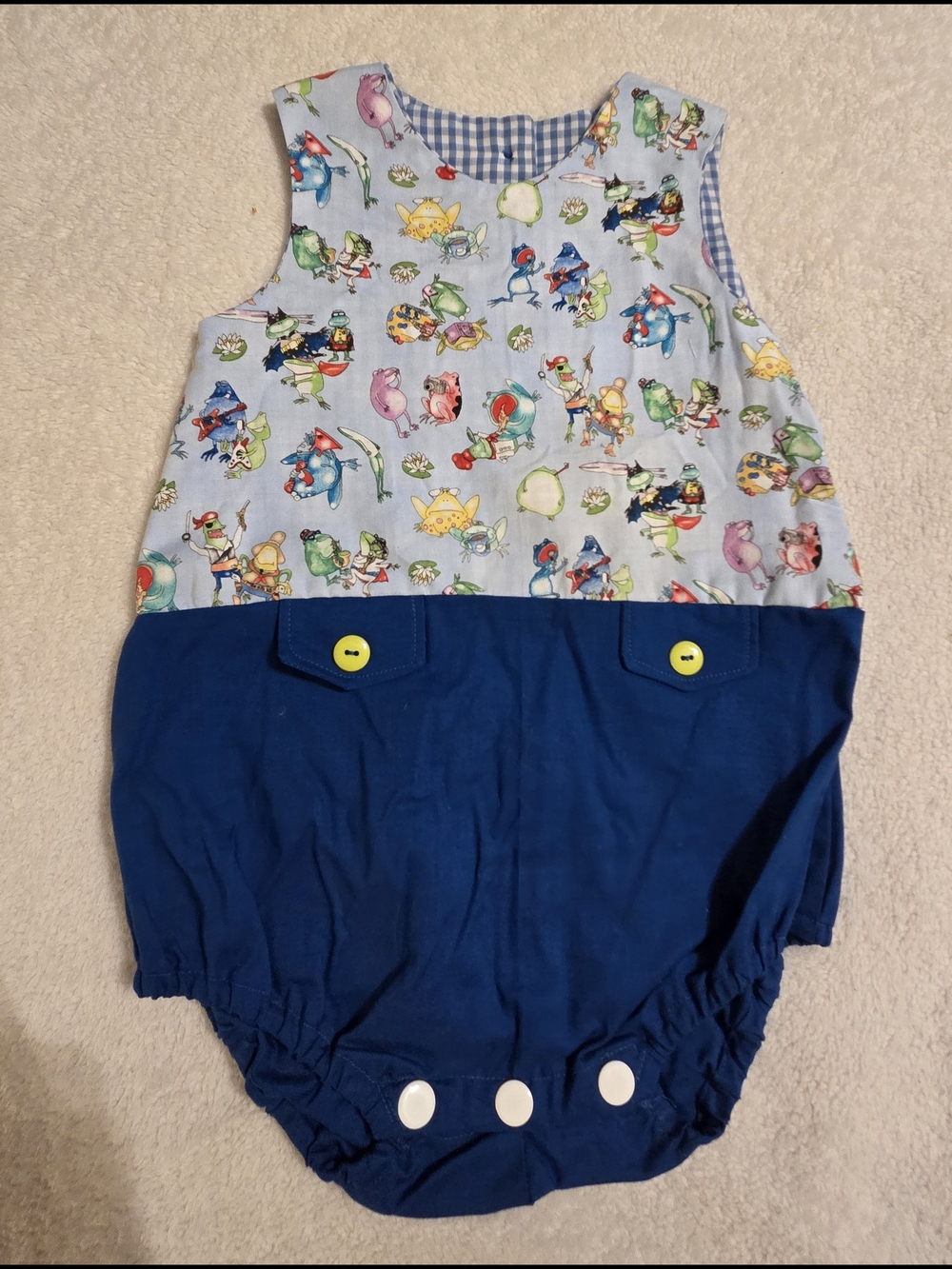 Handmade Boys Blue Frog Romper (Size 18M)